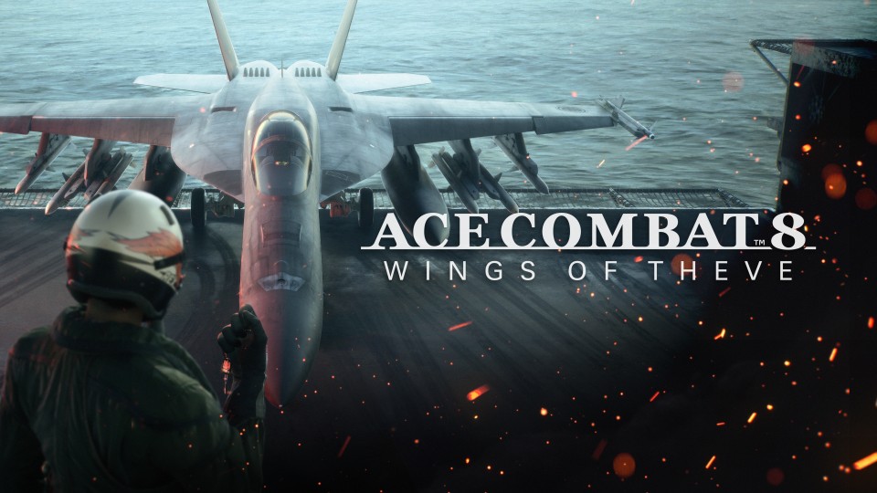 Key art officiel d'Ace Combat 8: Wings of Theve — chasseur F-14 sur la piste d'un porte-avions