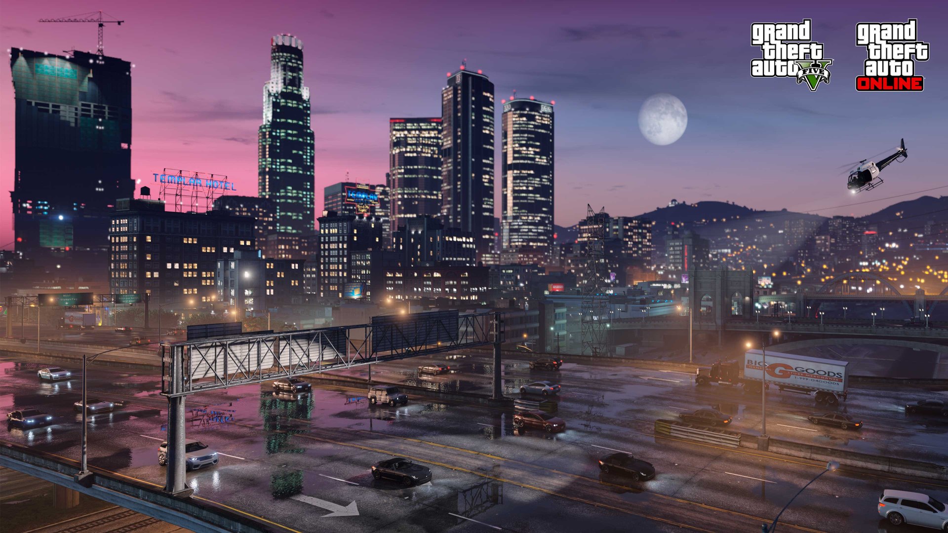 Los Santos de nuit sous la pluie — artwork officiel GTA Online