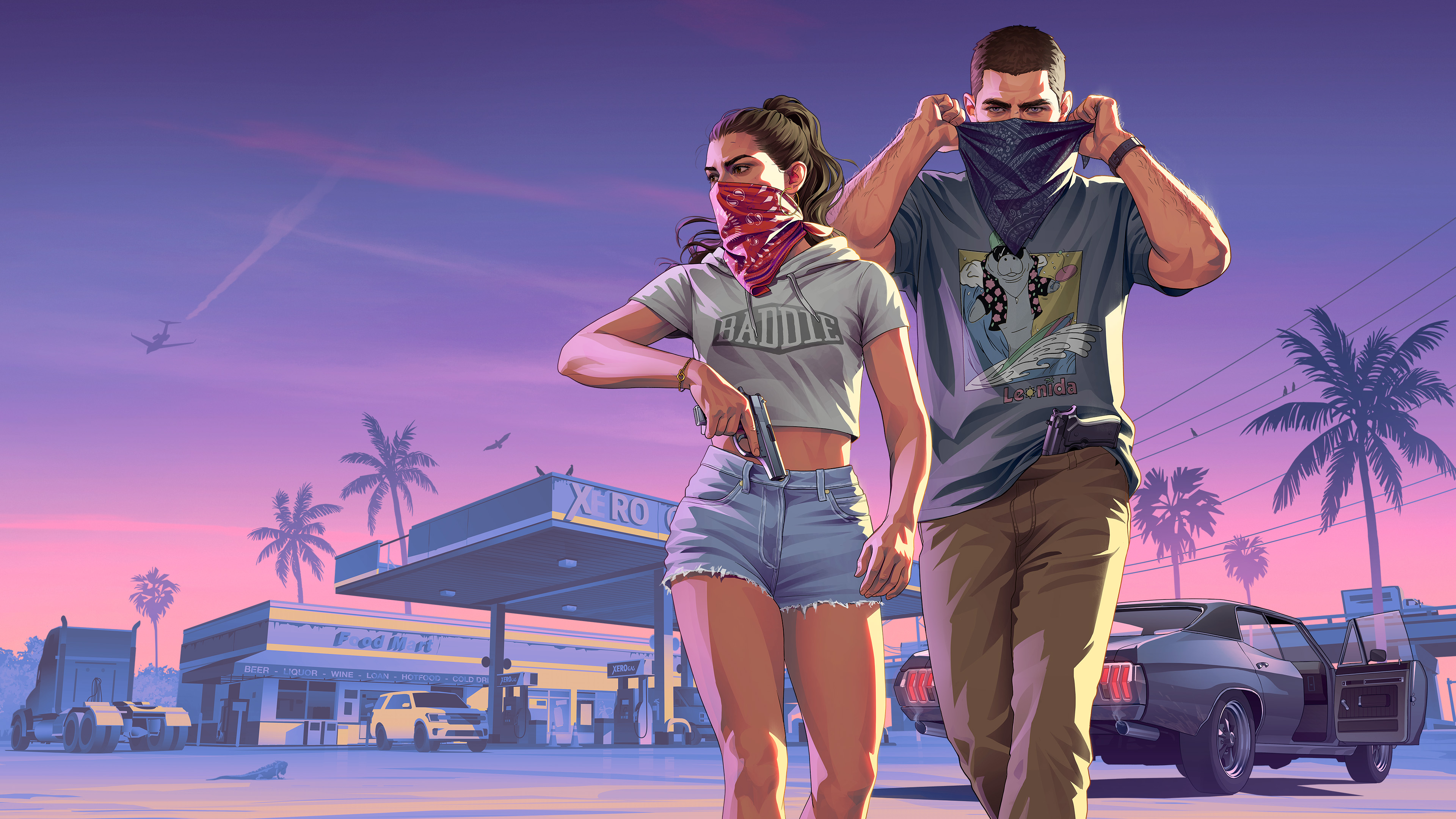 GTA 6 — Lucia et Jason sur une moto devant un coucher de soleil à Vice City
