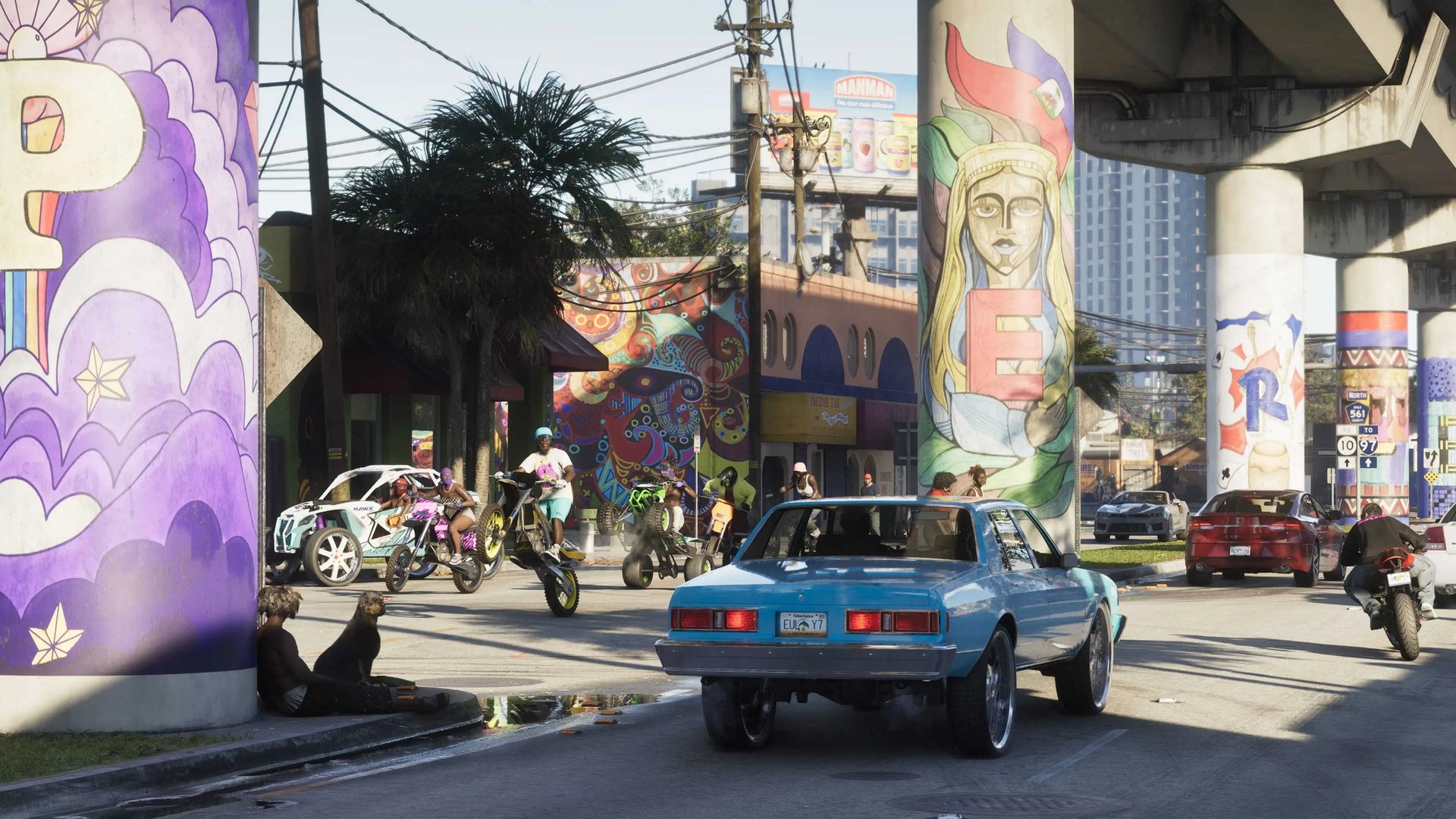 Rue animée de Leonida sous les fresques murales — capture officielle GTA 6