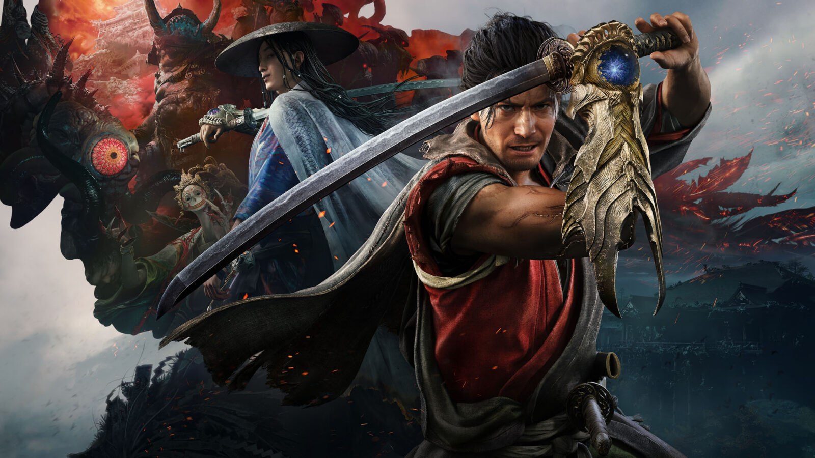 Miyamoto Musashi armé du gantelet Oni — key art officiel d'Onimusha: Way of the Sword