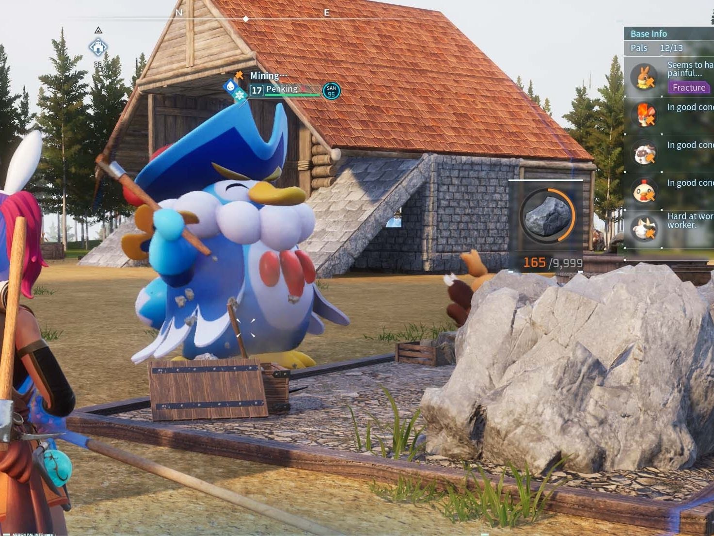 Un Penking qui mine de la pierre dans une base — capture de gameplay Palworld