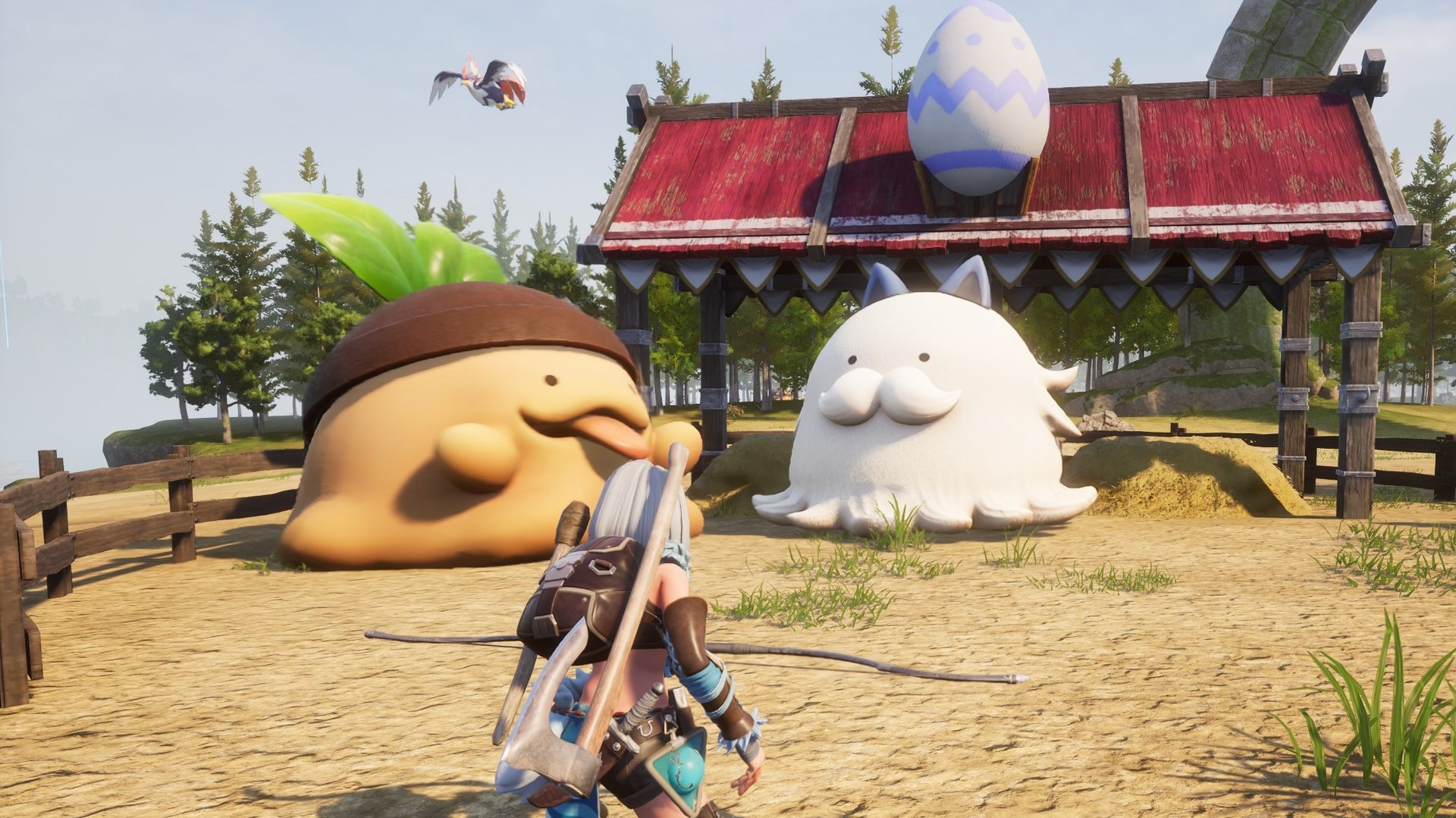 Un ranch d'élevage avec deux Pals géants et un œuf — capture de gameplay Palworld